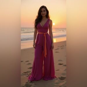 Free People Vibrant Pink Jumpsuit with Bold Orange Belt